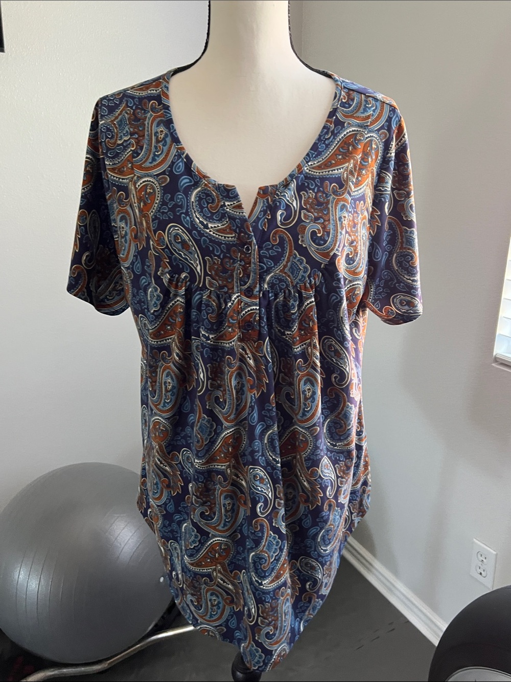 Paisley Scoop-Neck Blouse in Navy and Rust